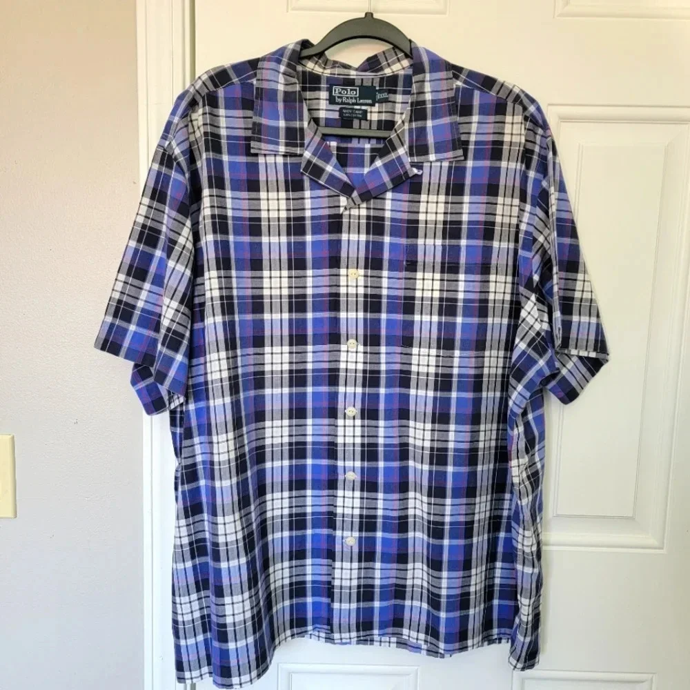 Polo Ralph Lauren Andy Camp Mens Blue Plaid Button Up Pocket Preppy Size XXL